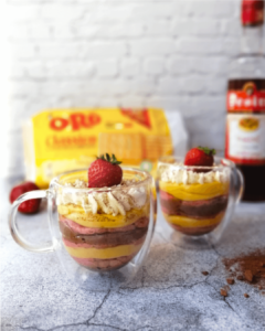 Zuppa inglese pots showing the vanilla, chocolate and soaked biscuits layers