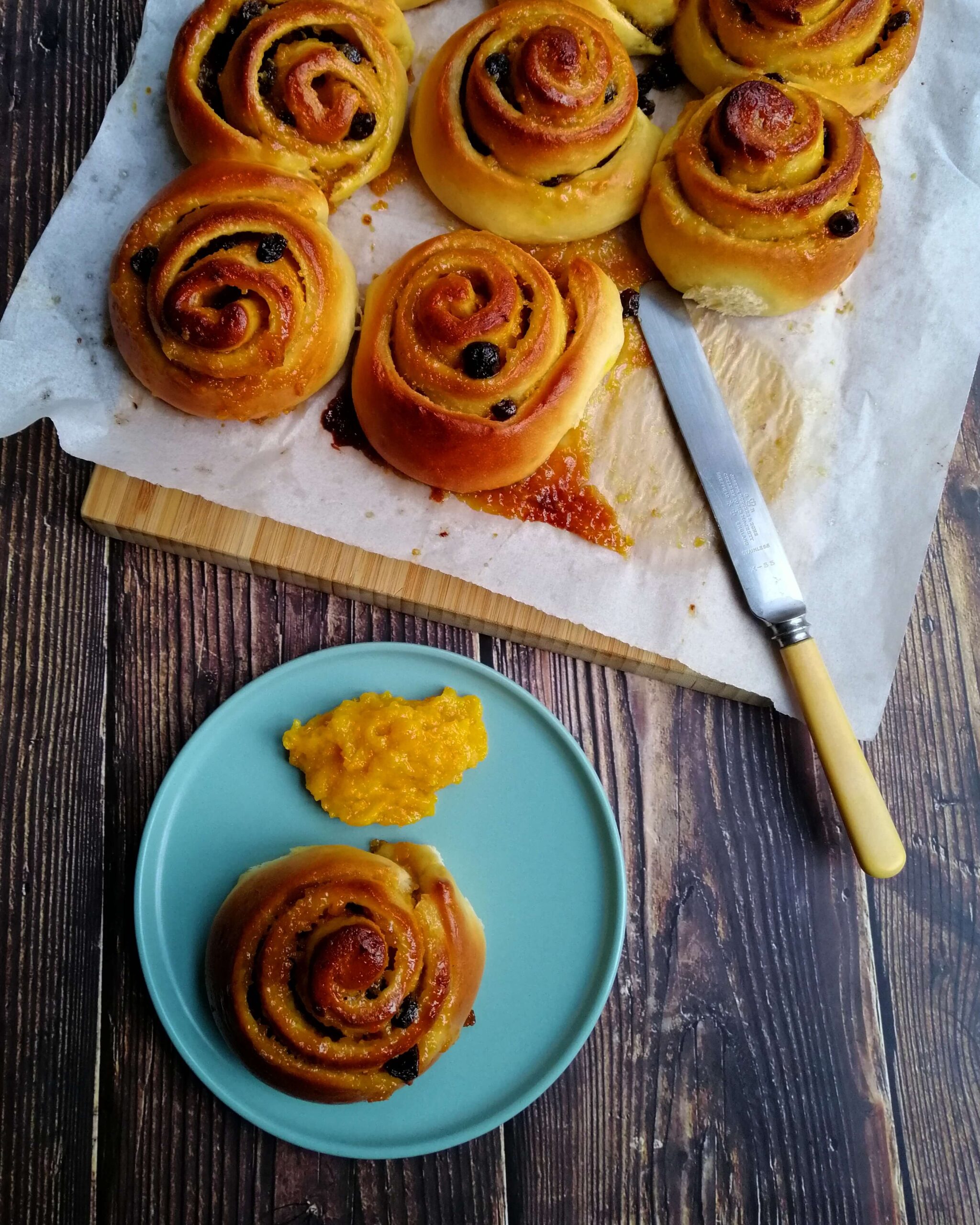 Panettone inspired sticky buns just out of the oven